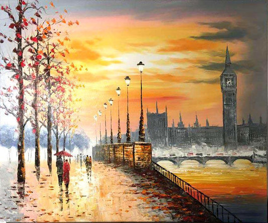 Sunset Walk by Big Ben – Hand-Painted London Cityscape Oil Painting