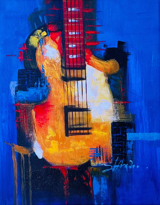 Abstract Guitar Painting – Bold Expression in Blue and Fire Tones