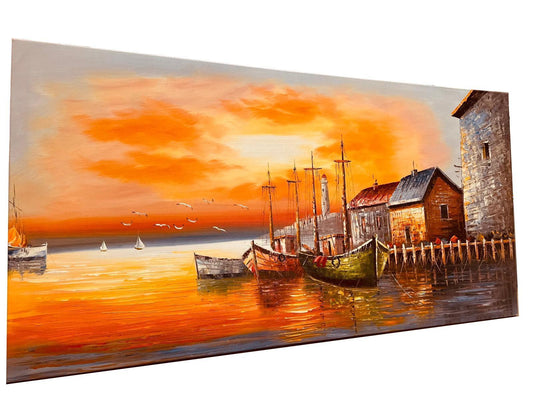 Harbour Sunset Boats - Coastal Seascape Art