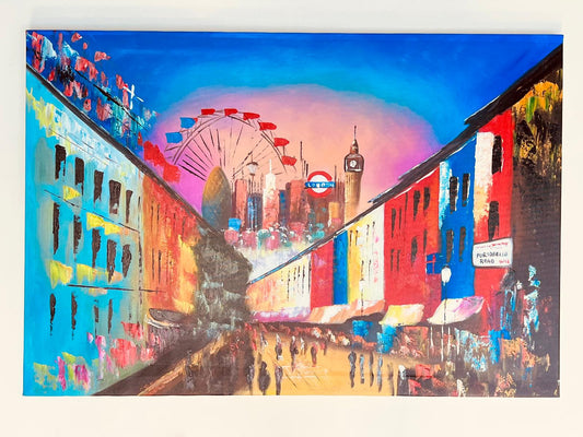 Portobello Road Painting - Original London Street Art, Vibrant Cityscape Canvas