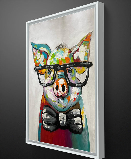 Vibrant Pig Portrait - Original Animal Art with Glasses
